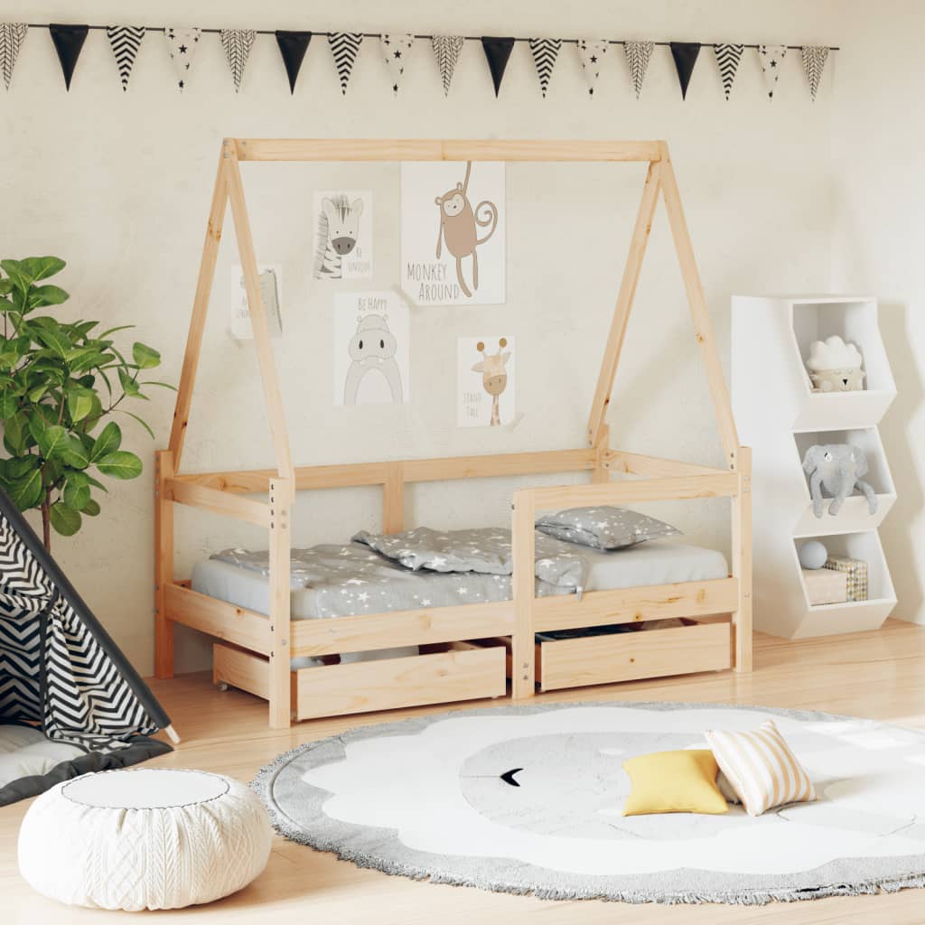 Children's bed frame with drawers, 70x140cm, solid pine
