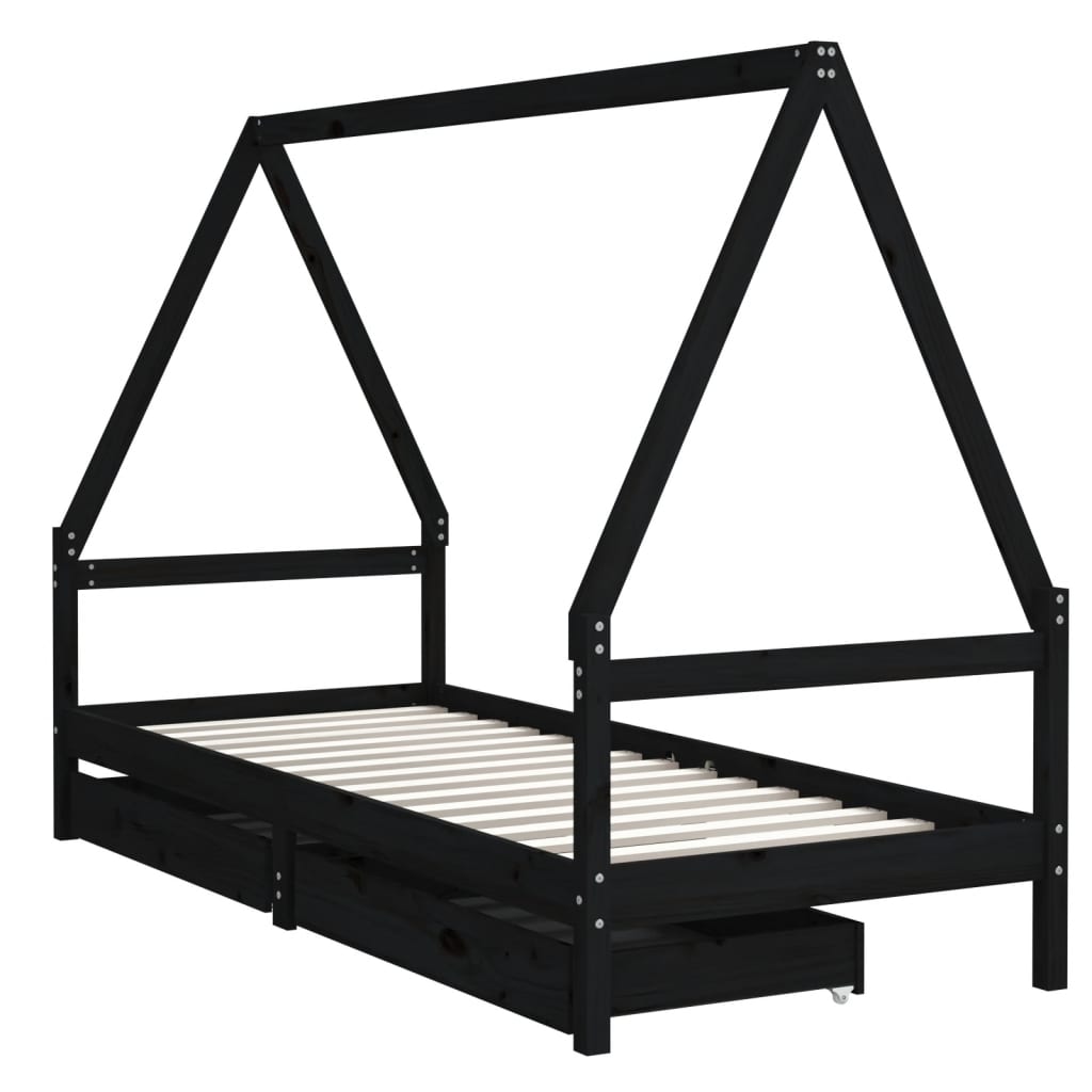 Children's bed frame with drawers, black, 90x190cm, pine