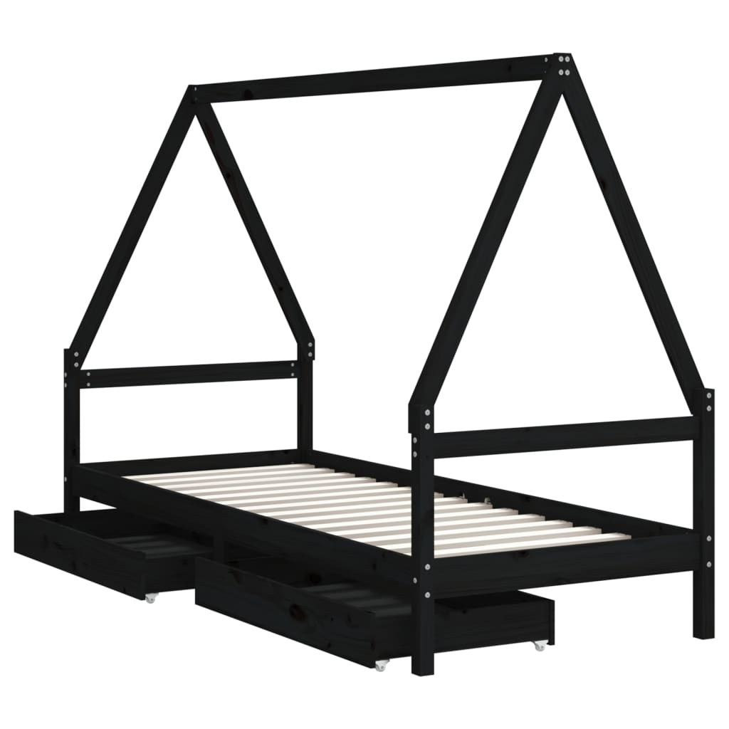 Children's bed frame with drawers, black, 90x190cm, pine