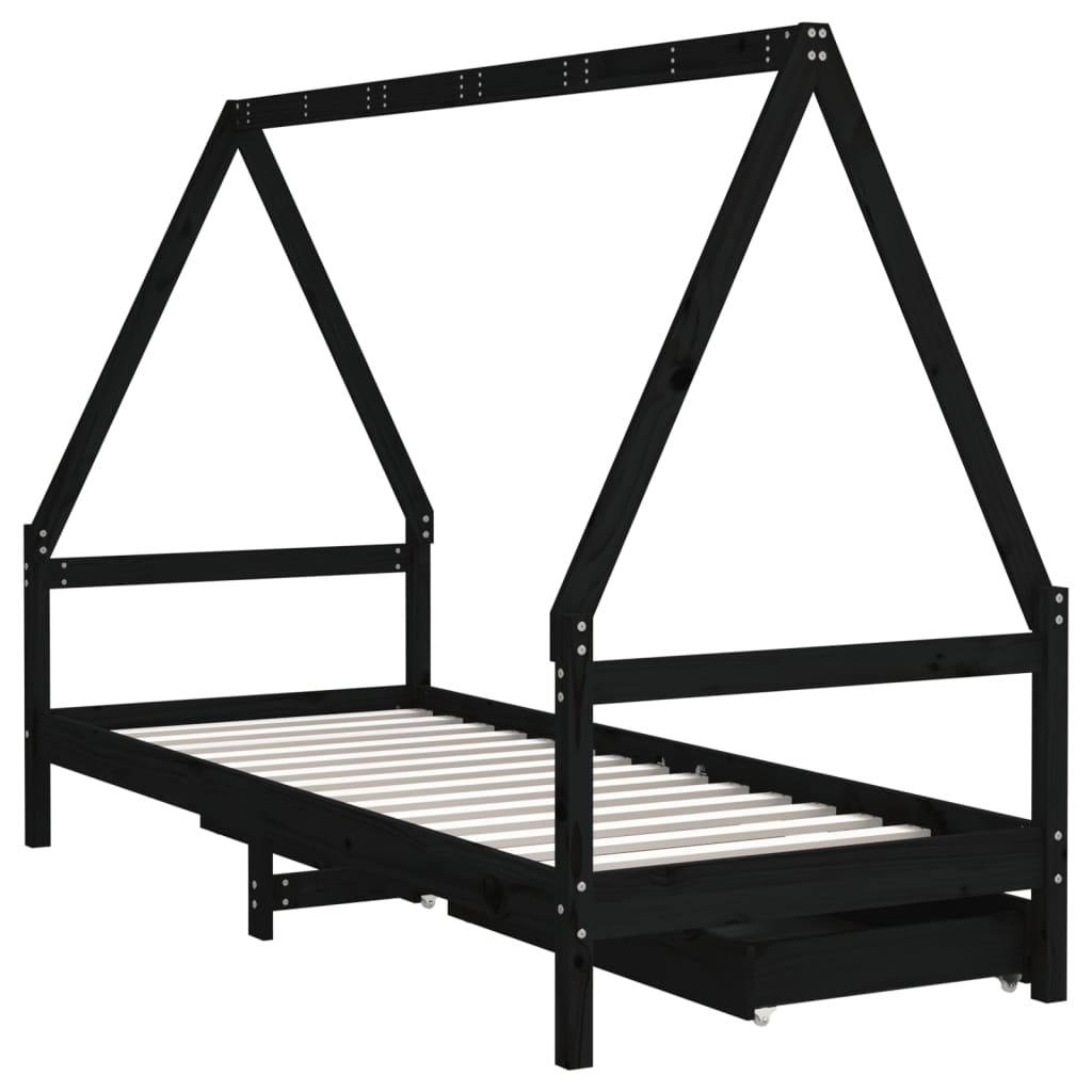 Children's bed frame with drawers, black, 90x190cm, pine