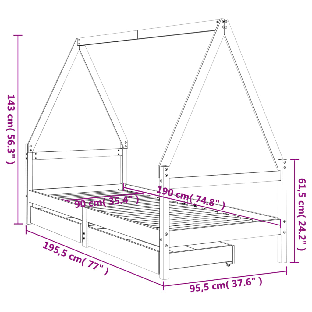Children's bed frame with drawers, black, 90x190cm, pine