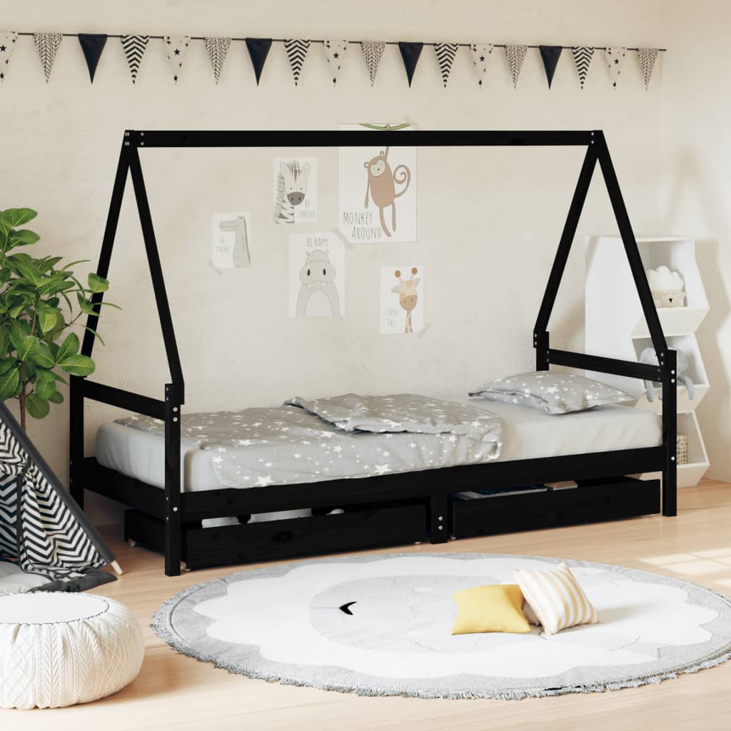 Children's bed frame with drawers, black, 90x190cm, pine