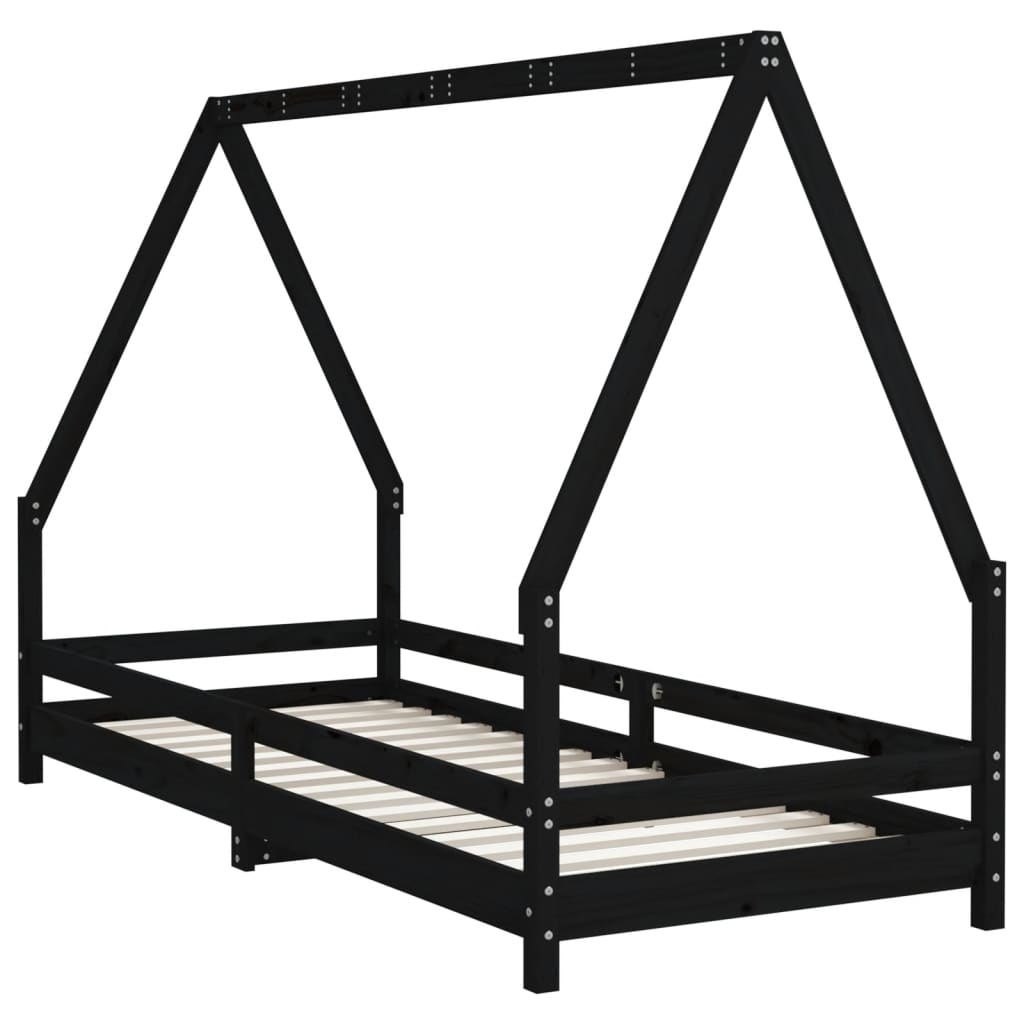 Children's bed frame, black, 80x200cm, solid pine