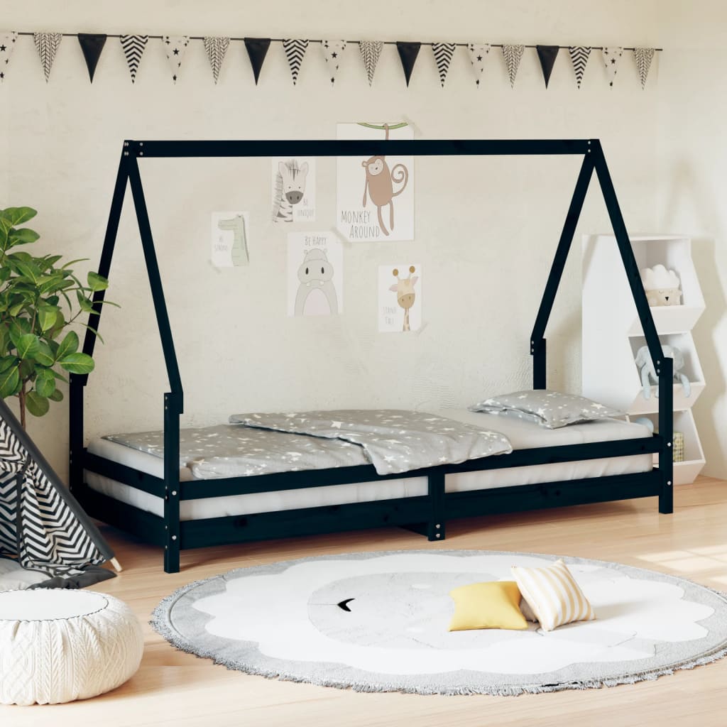 Children's bed frame, black, 80x200cm, solid pine