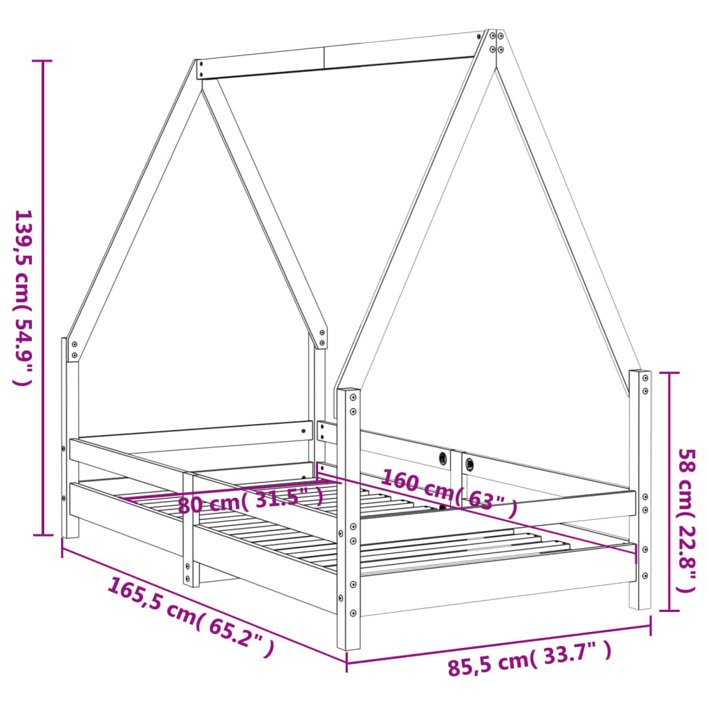 Children's bed frame, 80x160cm, solid pine wood