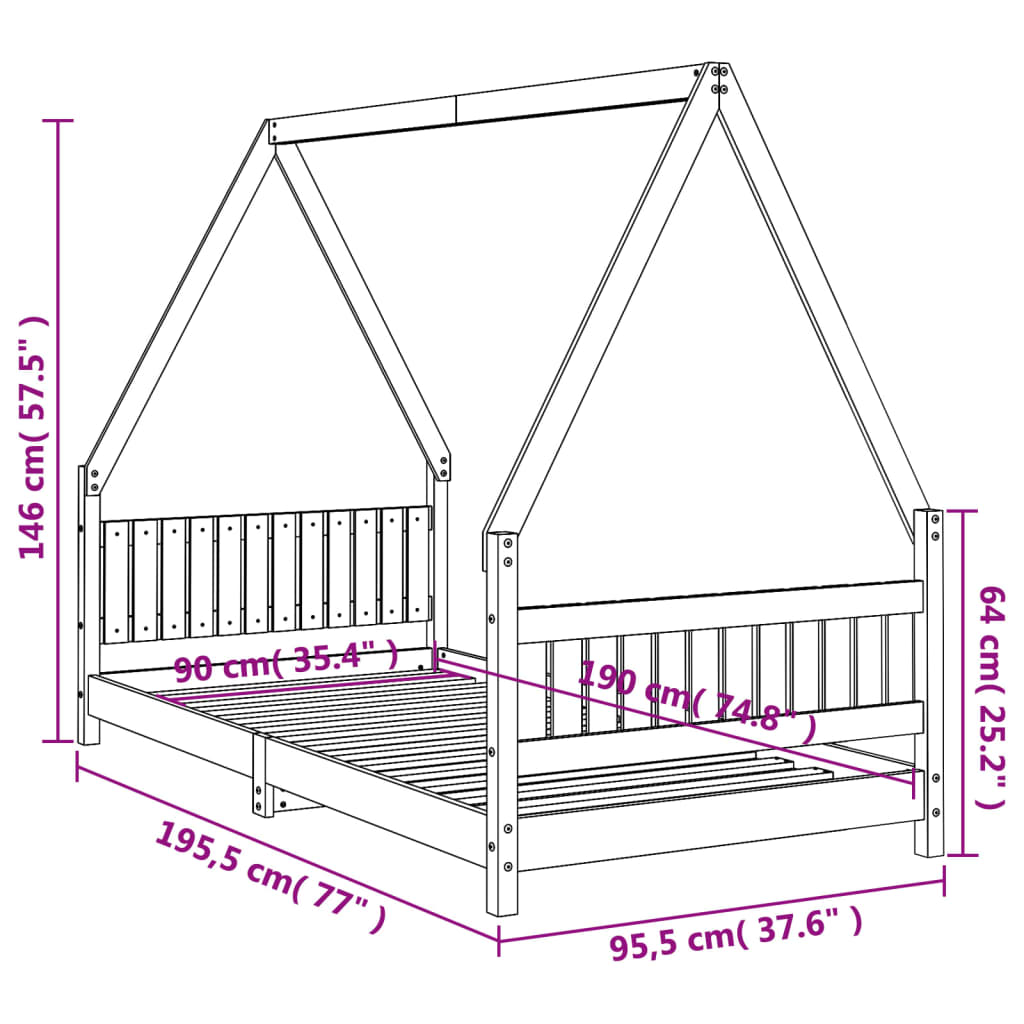 Kids' bed frame, black, 90x190cm, solid pine