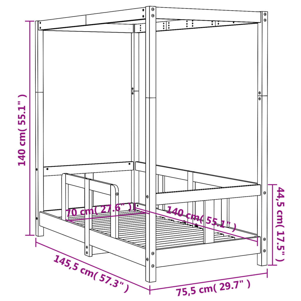 Children's bed frame, 70x140cm, solid pine wood