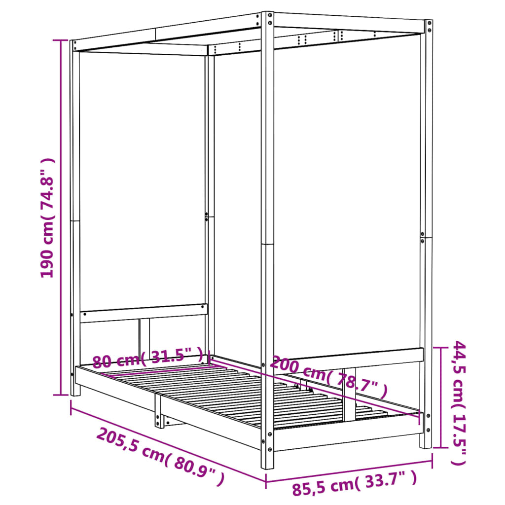Children's bed frame, 80x200cm, solid pine wood