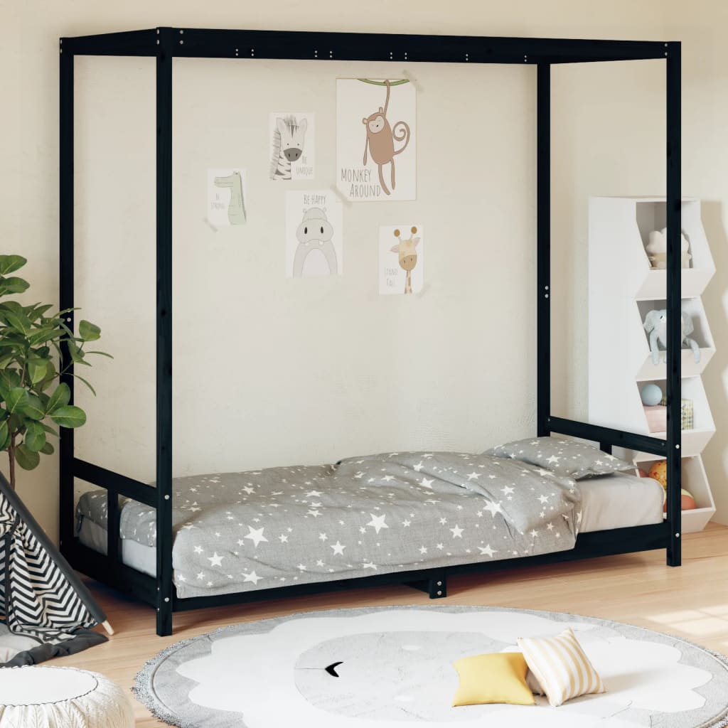 Children's bed frame, black, 80x200cm, solid pine