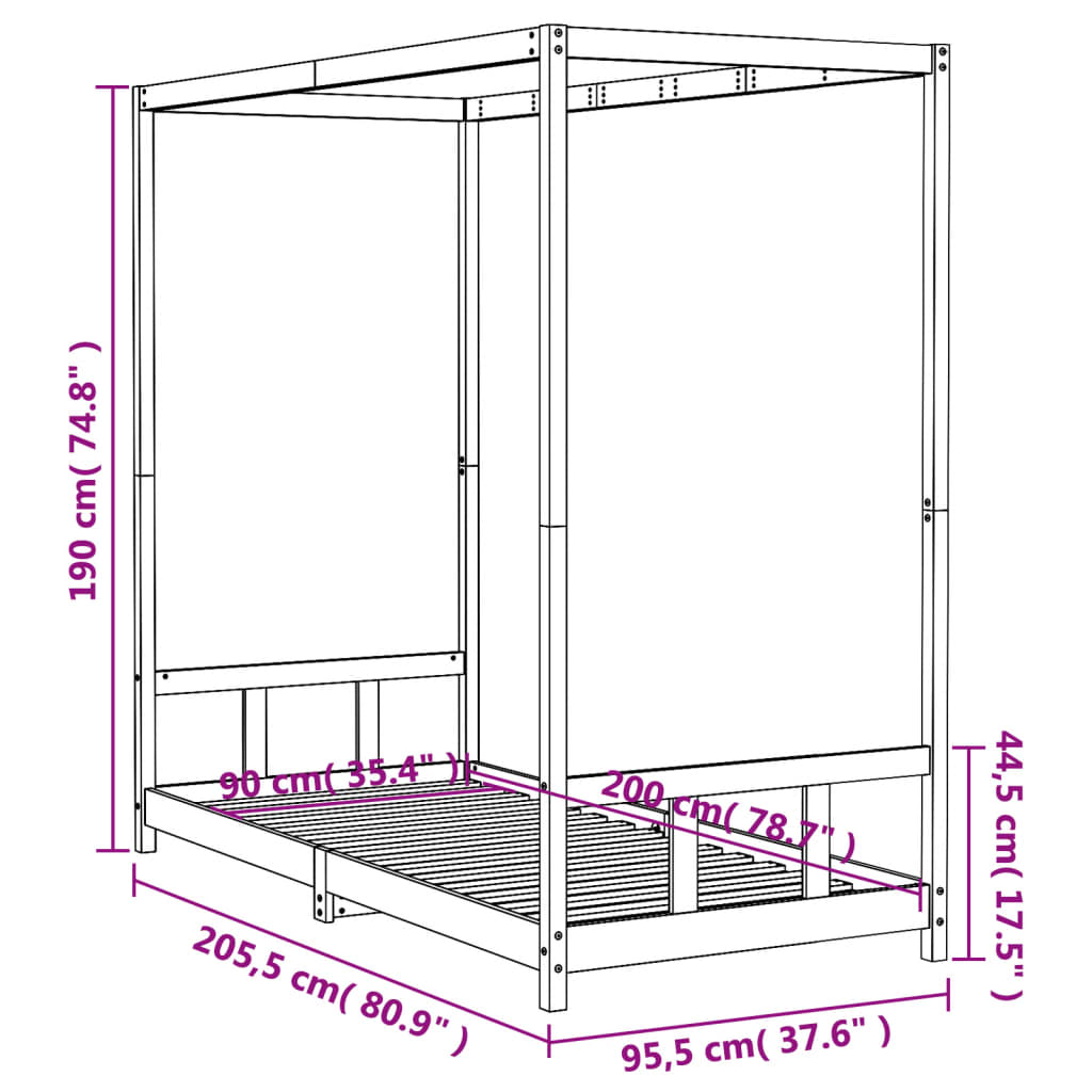Children's bed frame, white, 90x200cm, solid pine