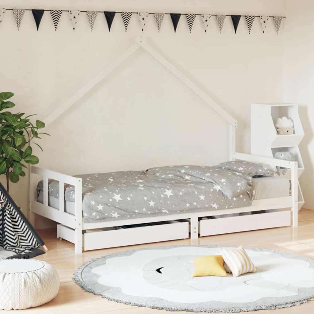 Children's bed frame with drawers, white, 90x200cm, pine