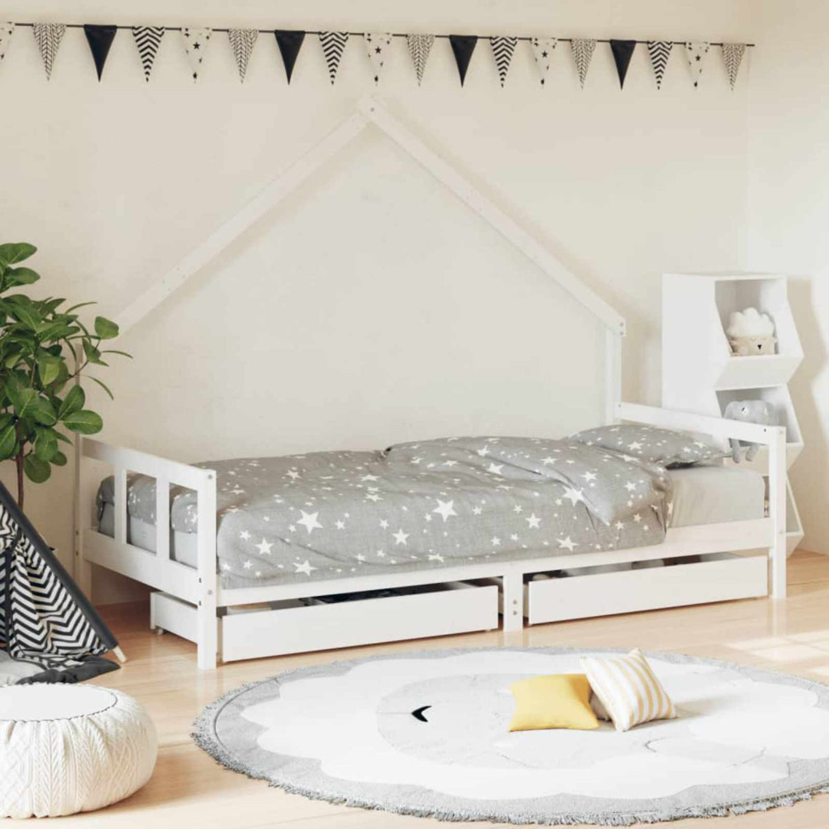 Children's bed frame with drawers, white, 90x200cm, pine