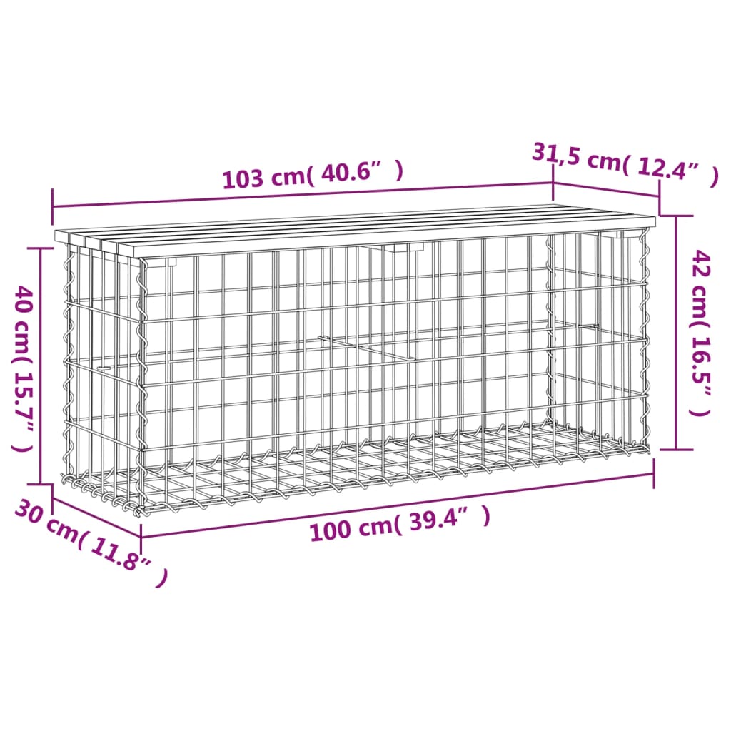 Garden bench, 103x31.5x42cm, pine, gabion design