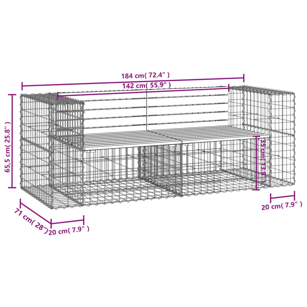 Garden bench, 184x71x65.5cm, solid pine, gabion design