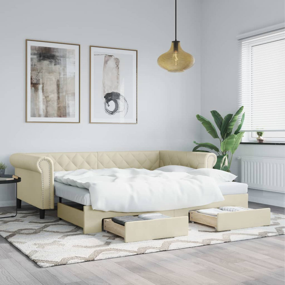 Ištraukiama lova su stalčiais, kreminė, 90x200cm, dirbtinė oda
