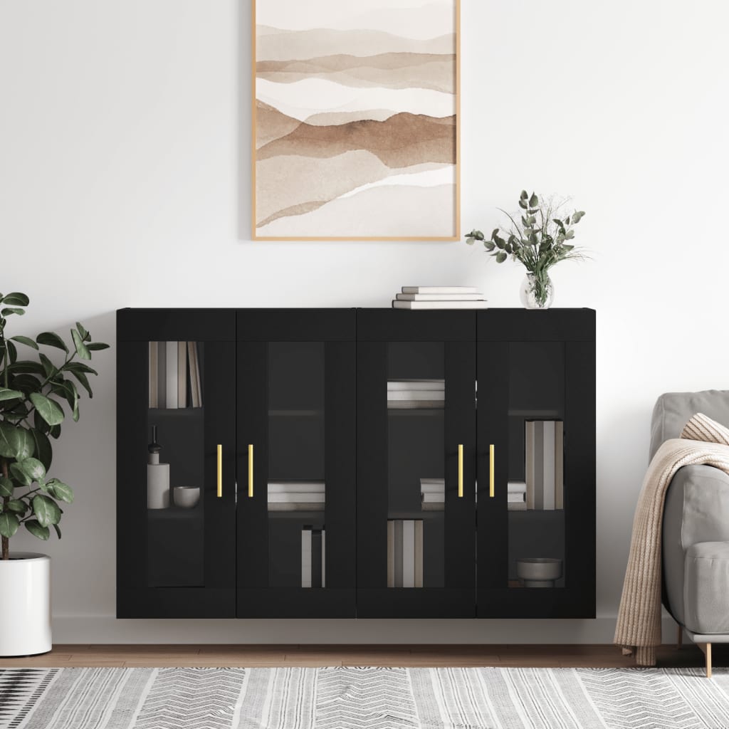 Wall-mounted cabinets, 2 pcs., black, wood