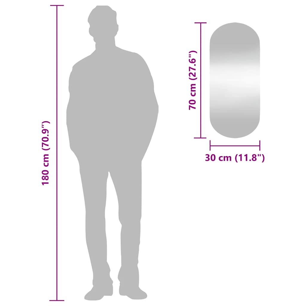 Wall mirror, 30x70cm, glass, oval