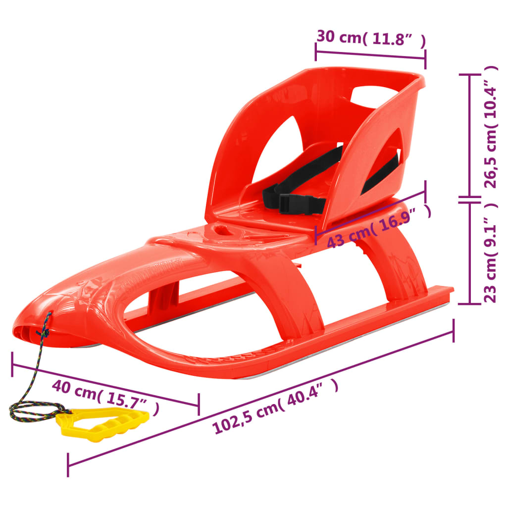 Sleigh with seat, red, 102.5x40x23cm, polypropylene
