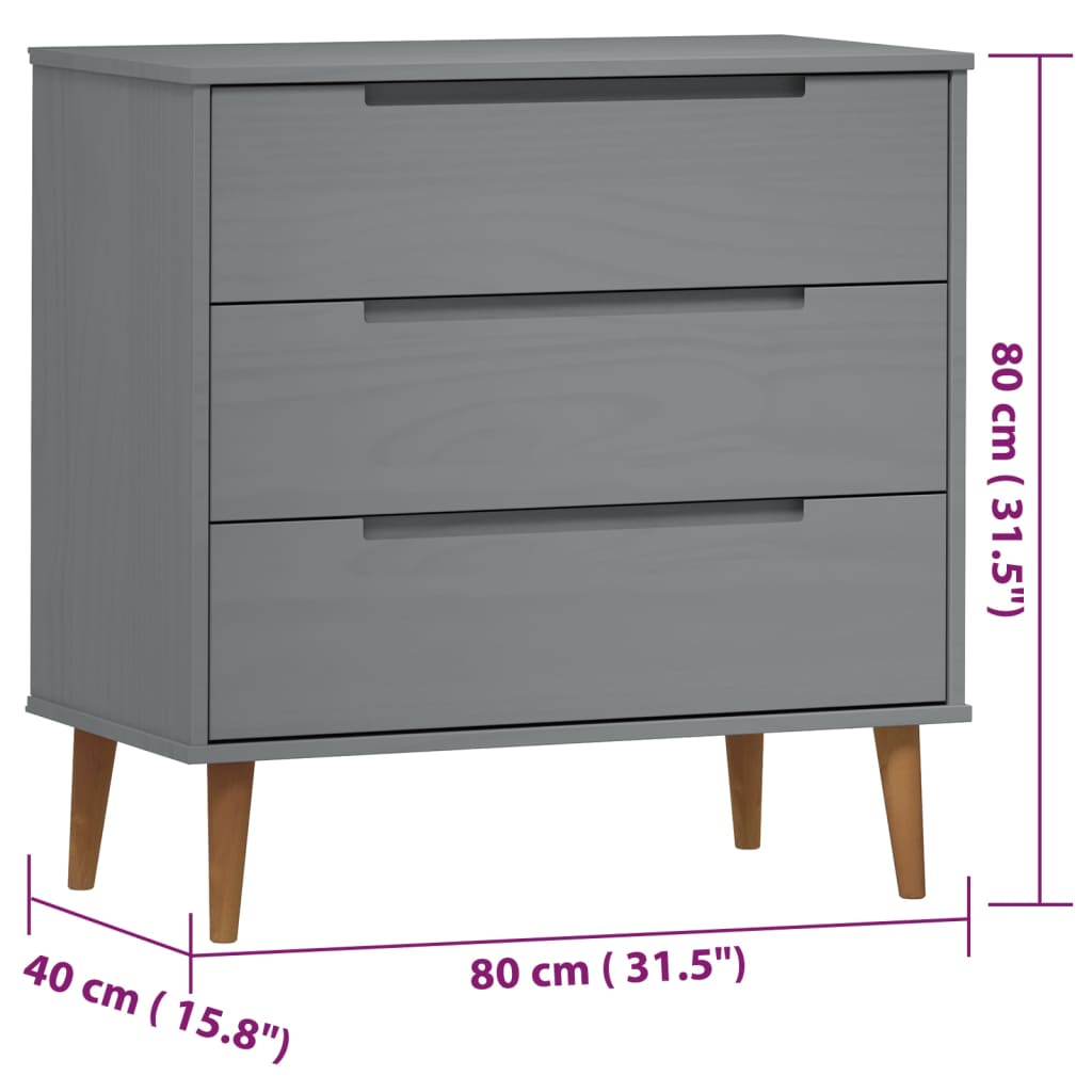 Kumode ar atvilktnēm MOLDE, pelēka, 80x40x80cm, priedes masīvkoks