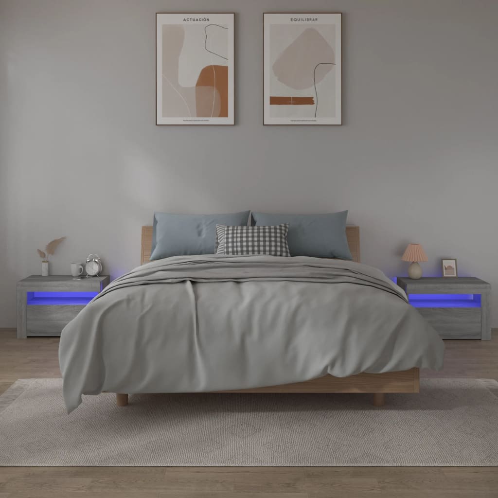Naktsgaldiņi ar LED, 2 gab., pelēka ozolkoka, 60x35x40cm