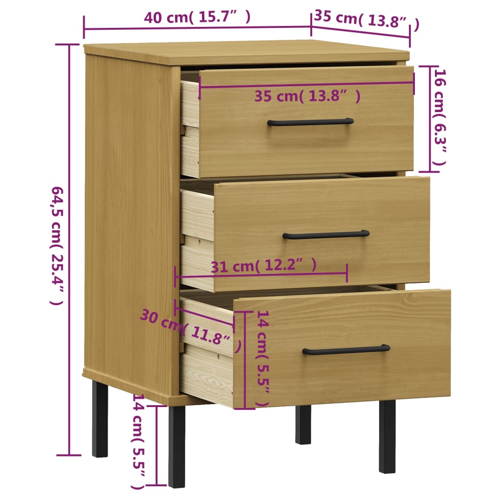 Bedside table with legs, brown, solid pine, OSLO