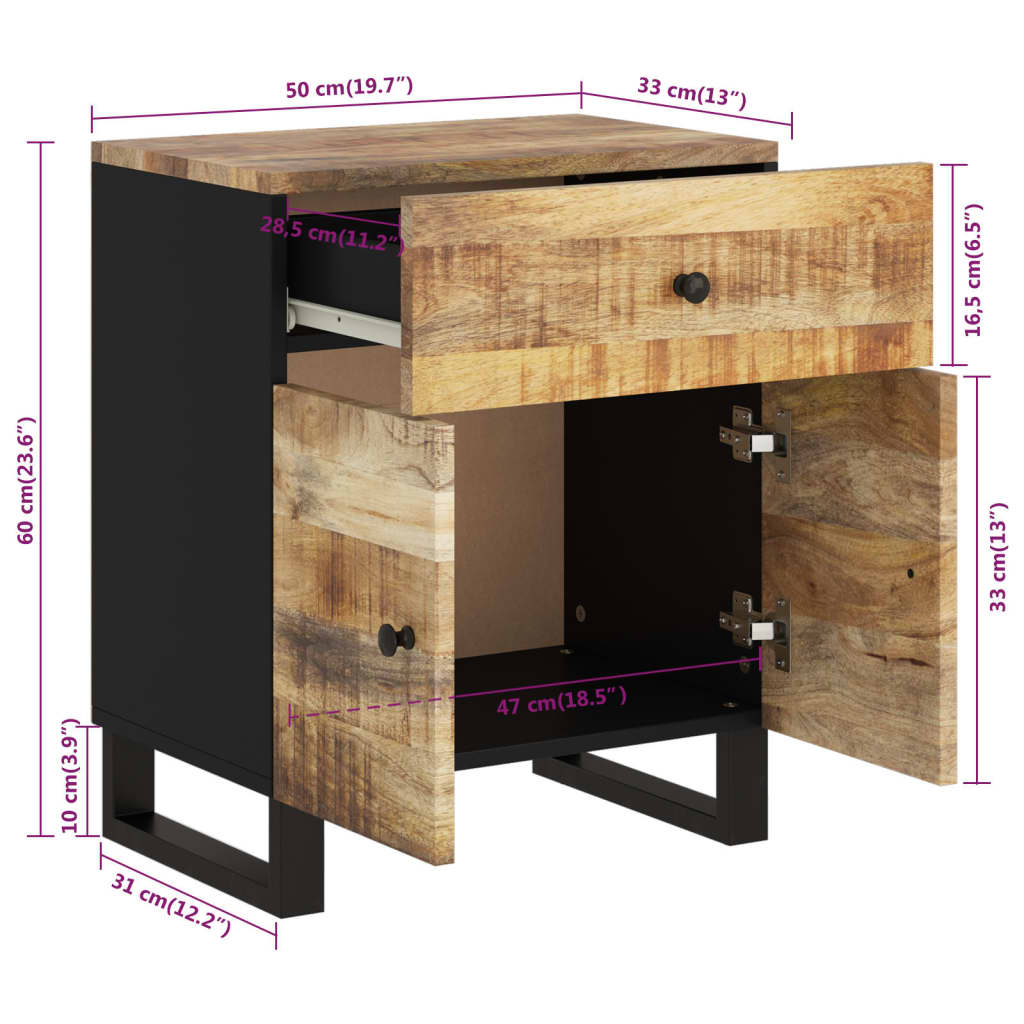 Nightstand, 50x33x60cm, solid mango wood and engineered wood