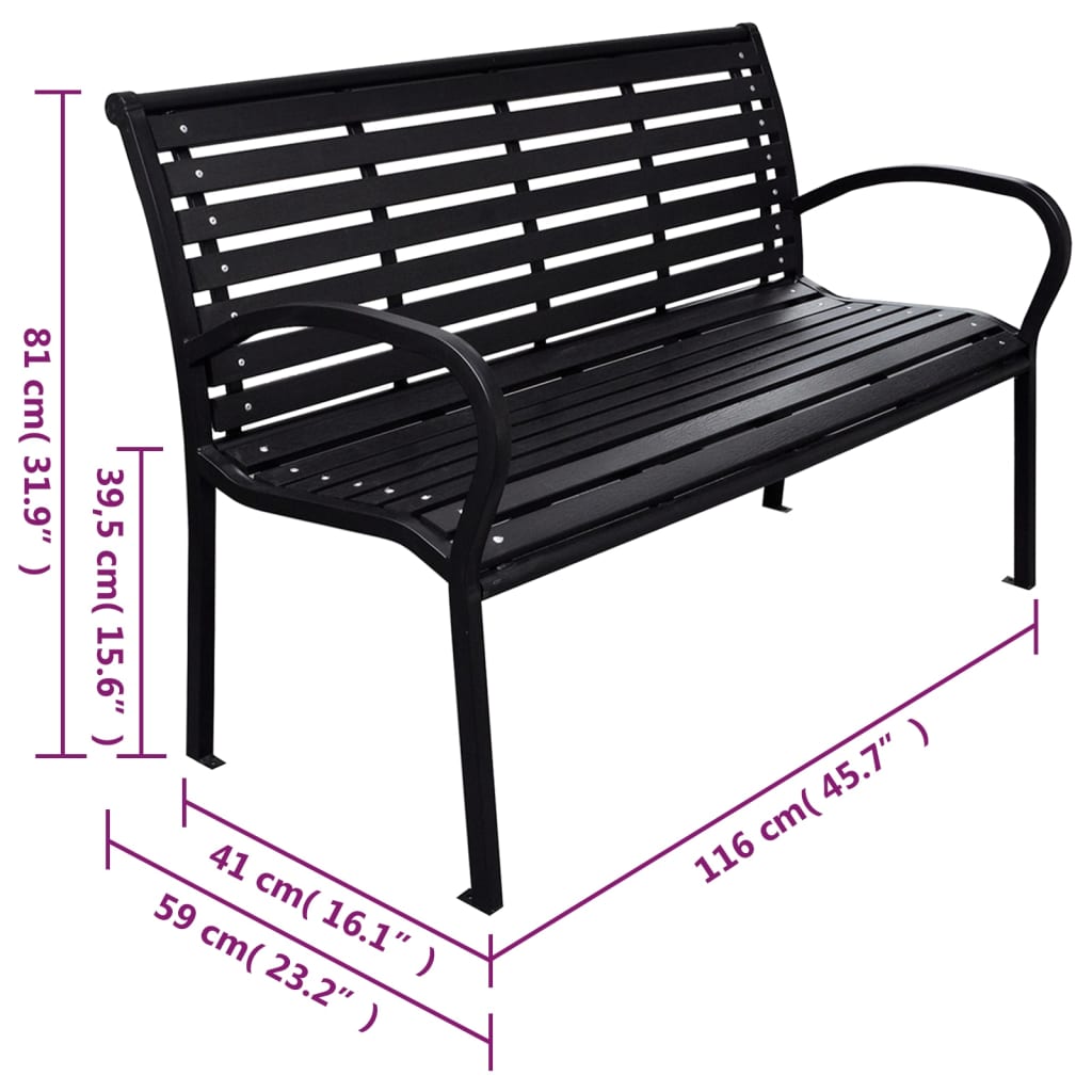 Garden bench, black, 116cm, steel and WPC