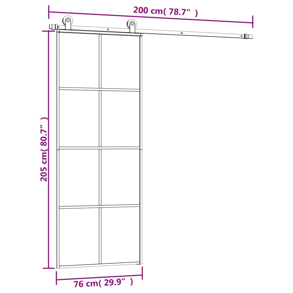 Sliding door with fitting kit, 76x205cm, ESG and aluminium
