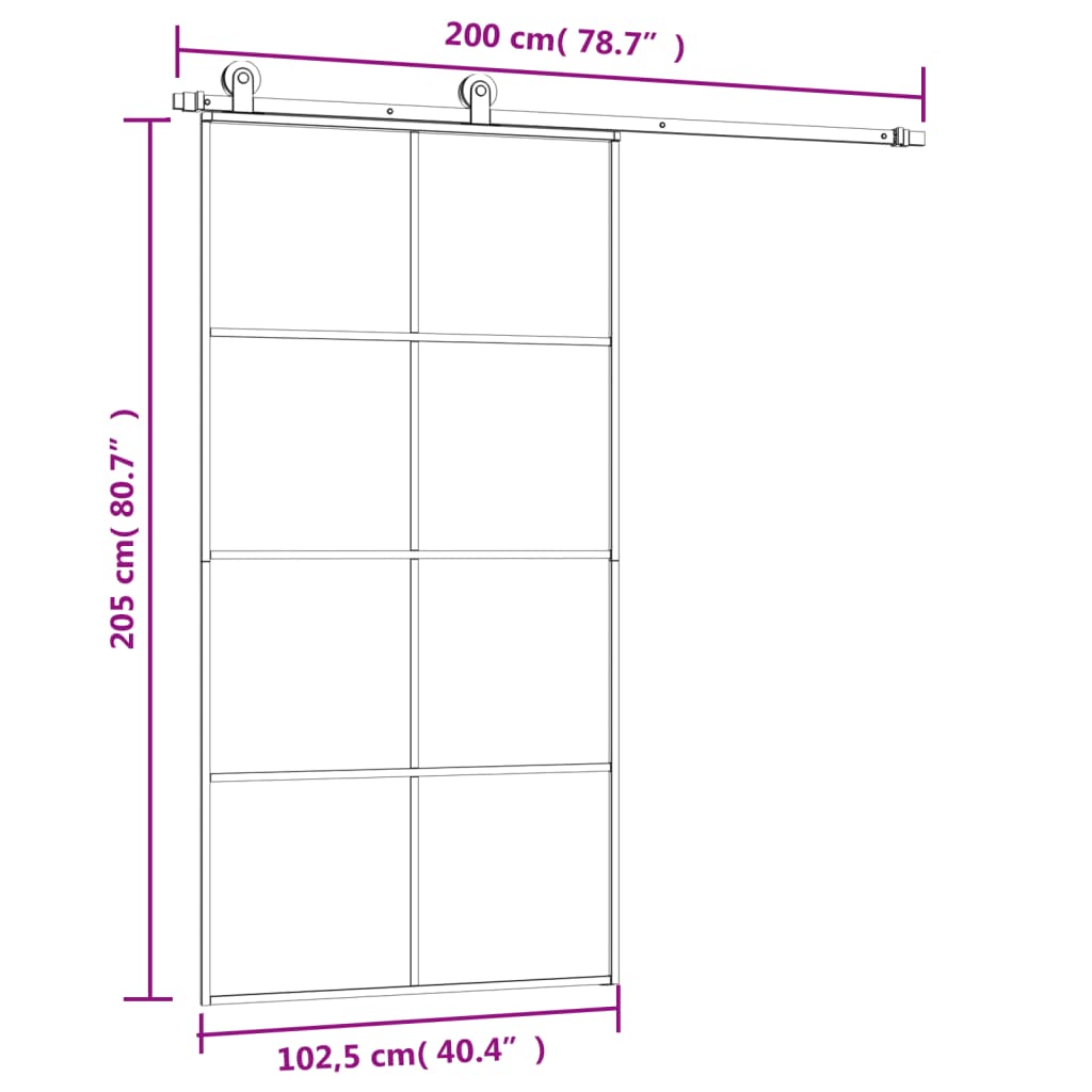 Sliding door with hardware set, 102.5x205cm, ESG/aluminium