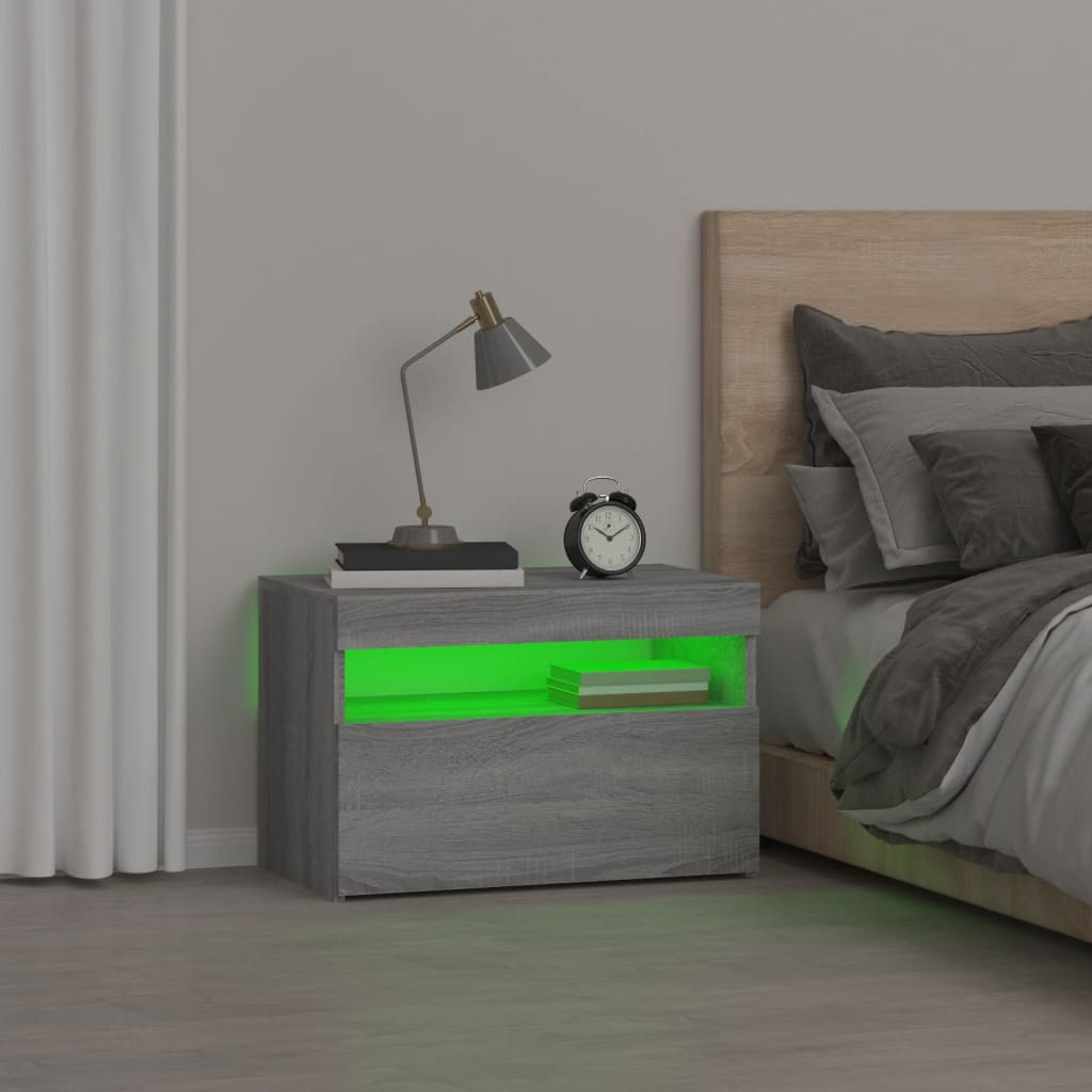 Naktinė spintelė su LED lemputėmis, pilka, Sonoma, 60x35x40cm