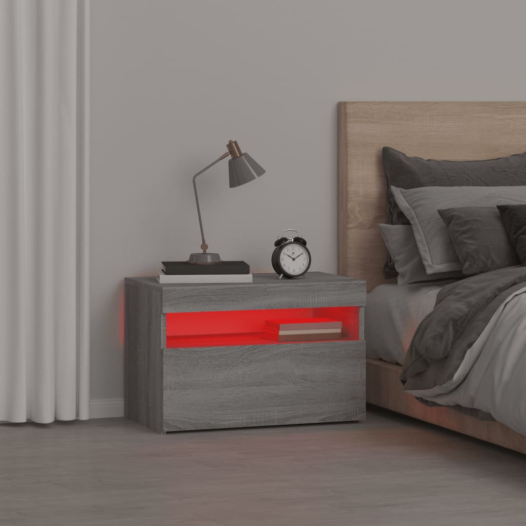 Naktinė spintelė su LED lemputėmis, pilka, Sonoma, 60x35x40cm