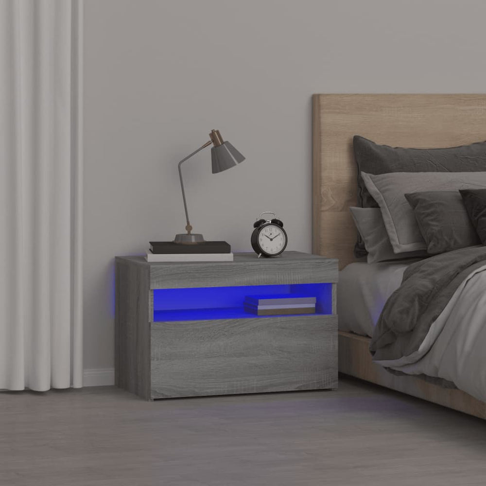 Naktinė spintelė su LED lemputėmis, pilka, Sonoma, 60x35x40cm