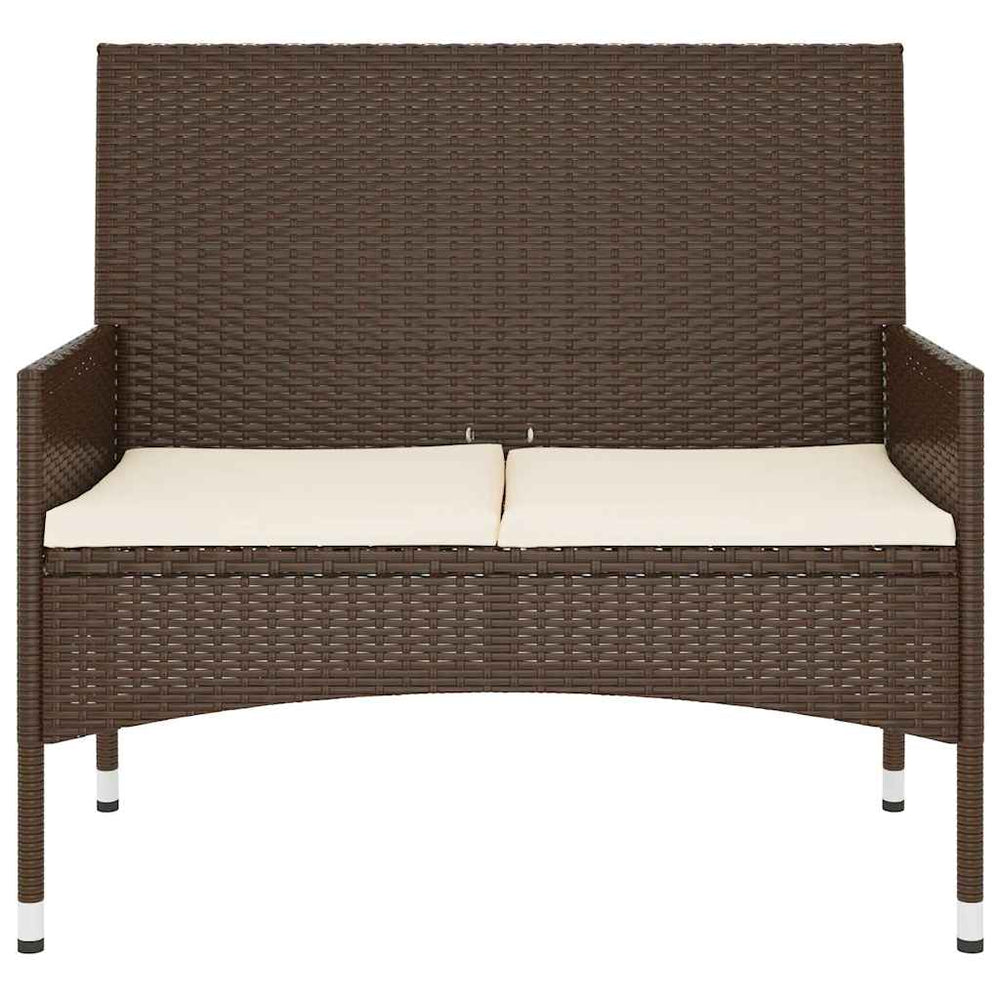 Two-seater garden bench with cushions, brown, poly rattan