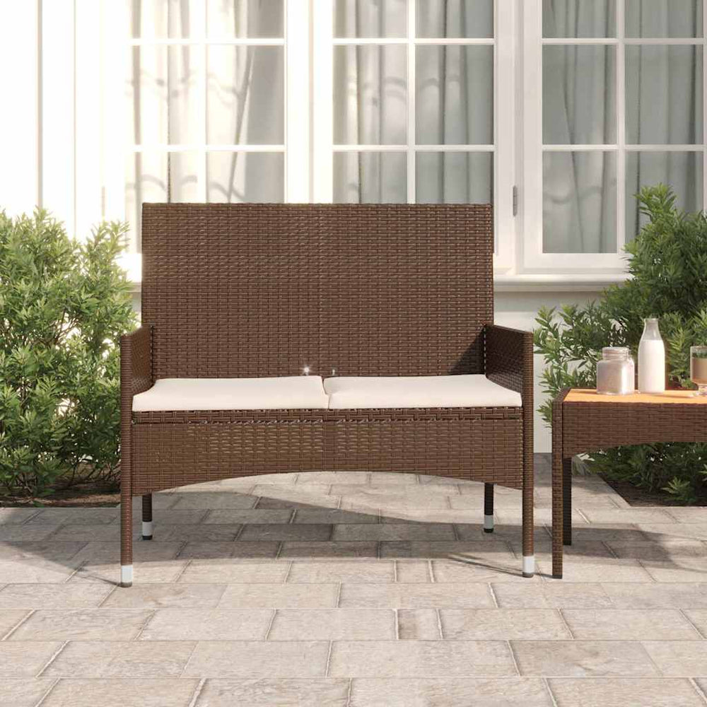 Two-seater garden bench with cushions, brown, poly rattan