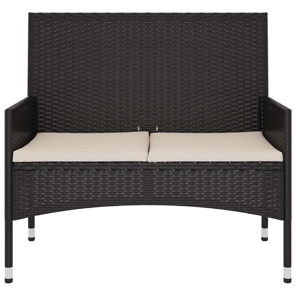 Two-seater garden bench with cushions, black, poly rattan
