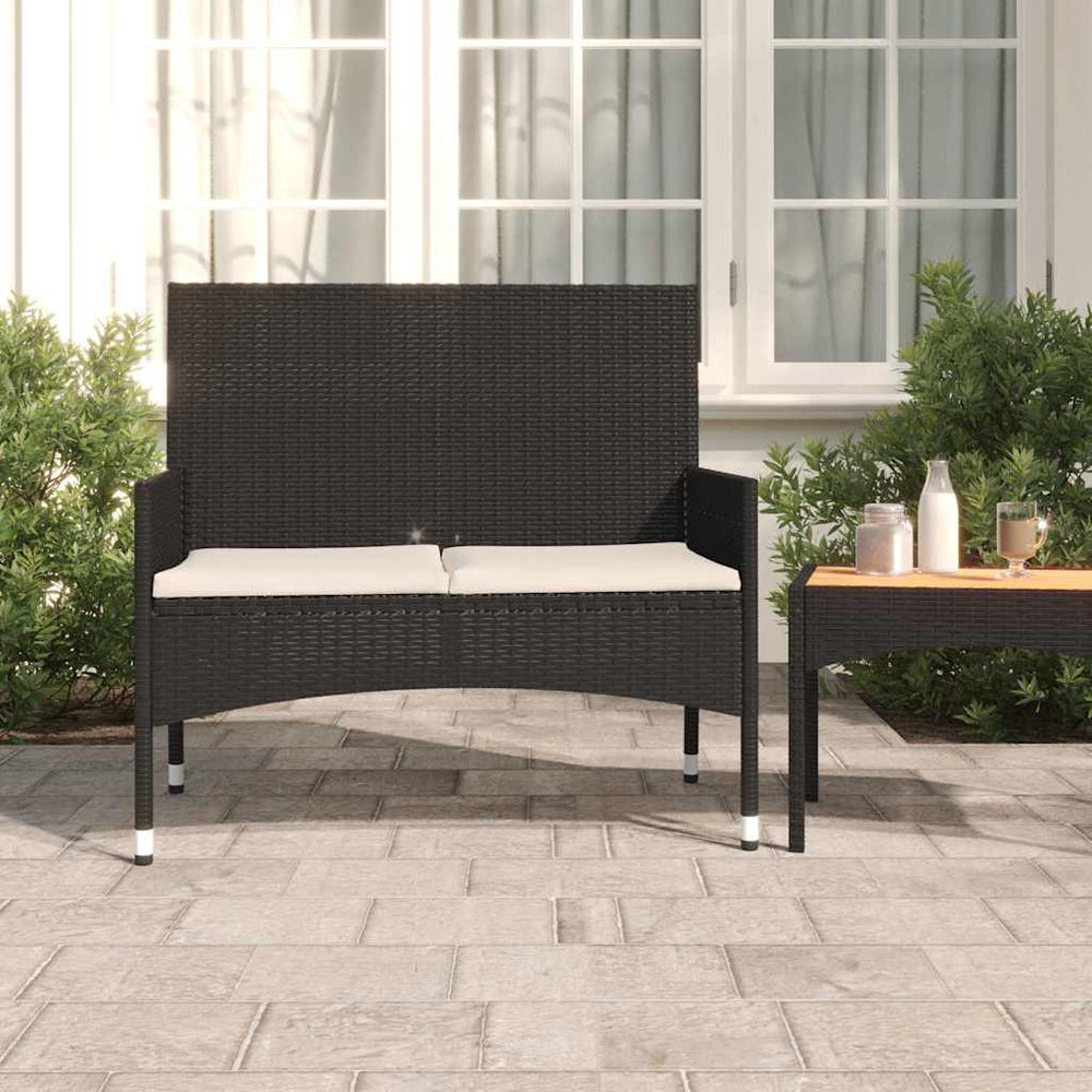 Two-seater garden bench with cushions, black, poly rattan