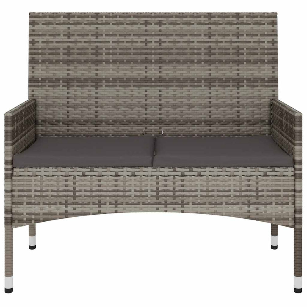 Two-seater garden bench with cushions, grey, poly rattan