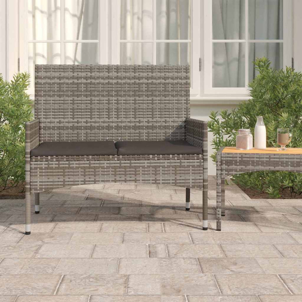Two-seater garden bench with cushions, grey, poly rattan