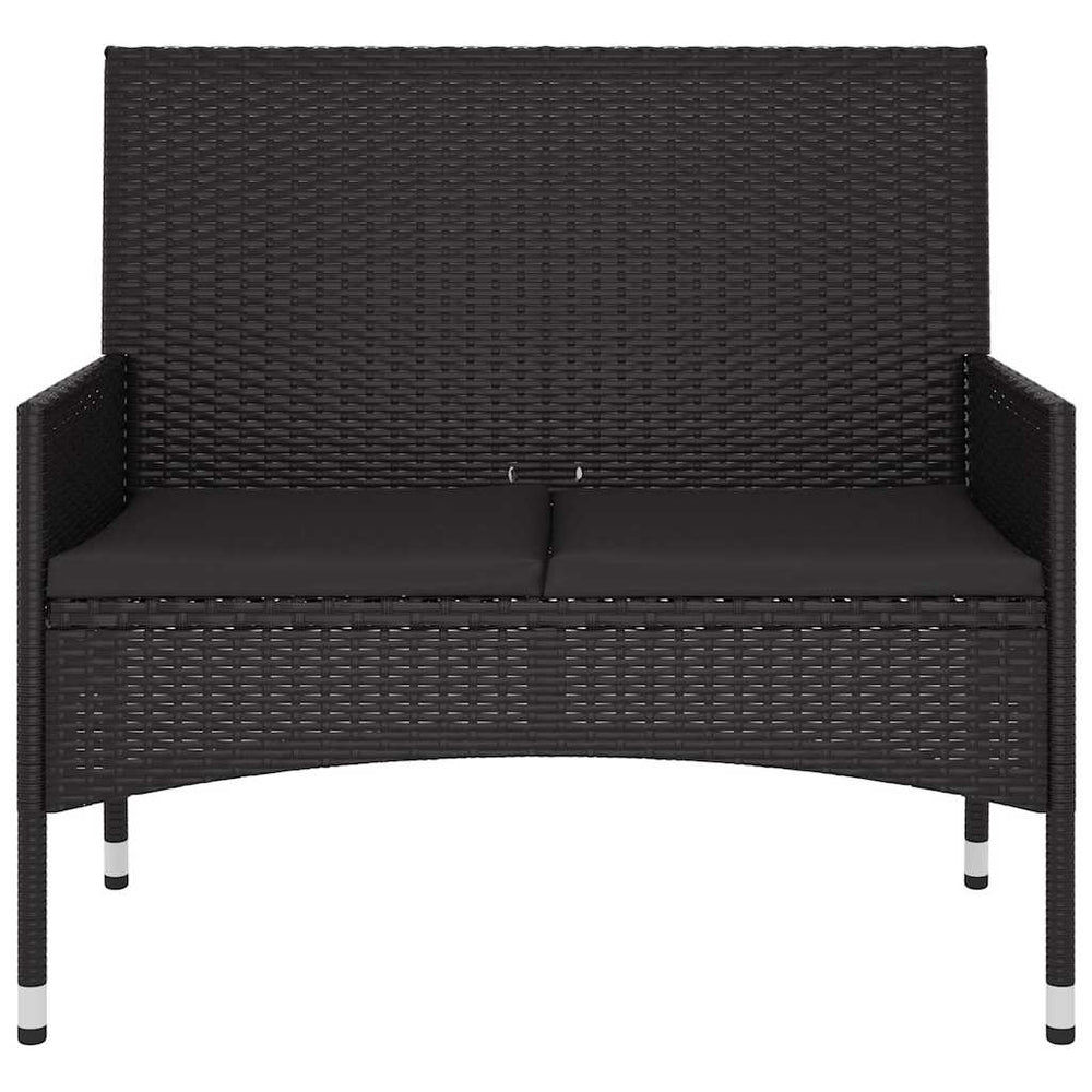 Two-seater garden bench with cushions, black, poly rattan