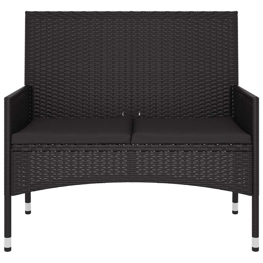 Two-seater garden bench with cushions, black, poly rattan