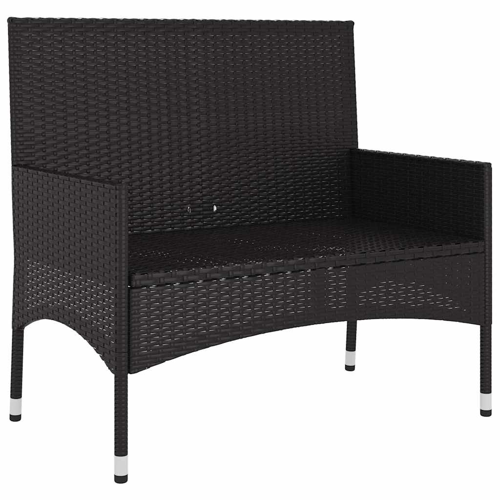 Two-seater garden bench with cushions, black, poly rattan