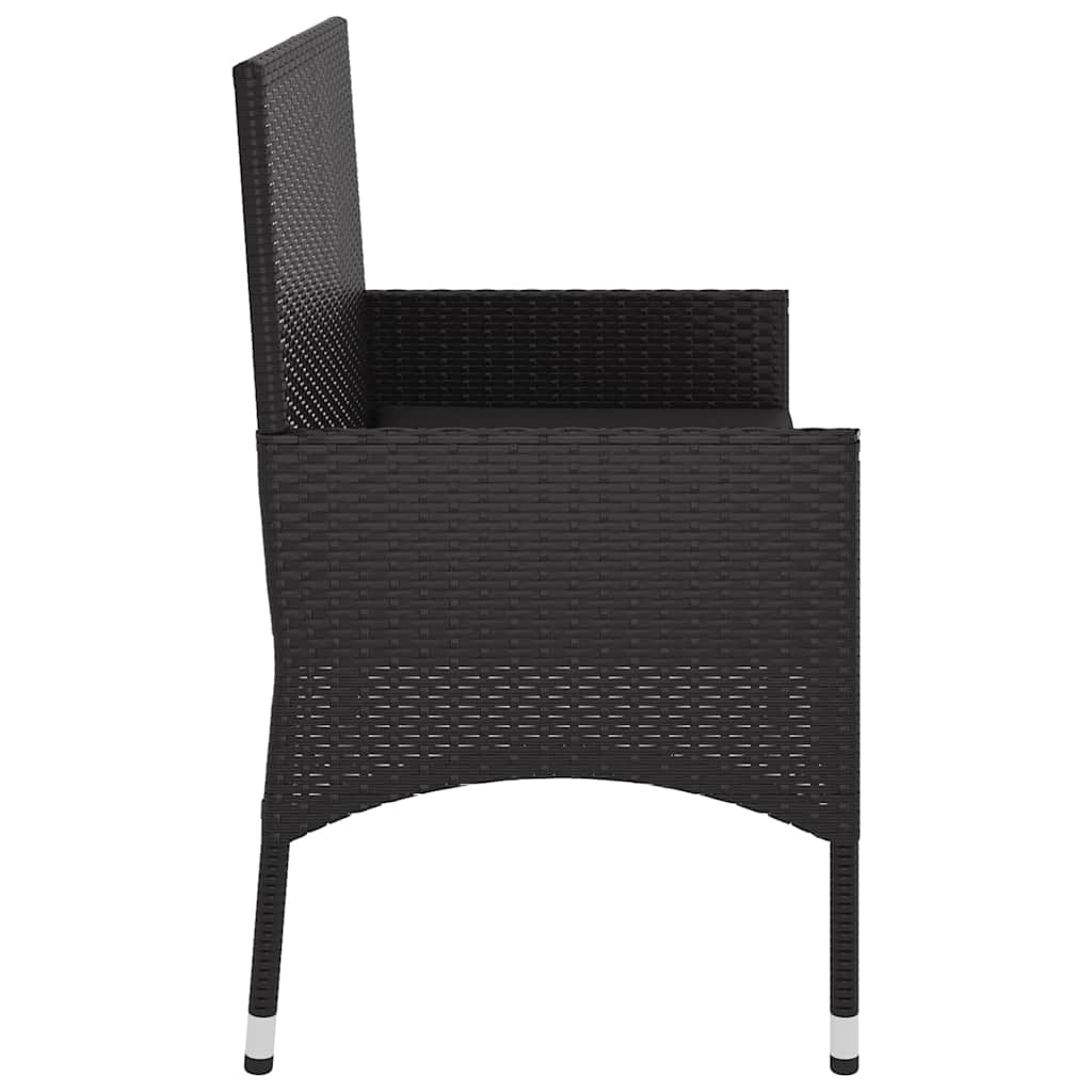 Two-seater garden bench with cushions, black, poly rattan