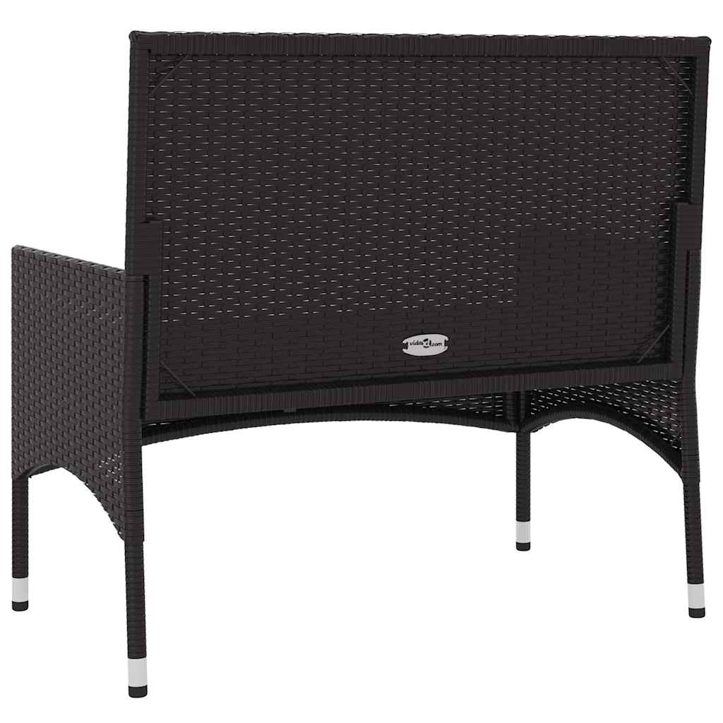 Two-seater garden bench with cushions, black, poly rattan