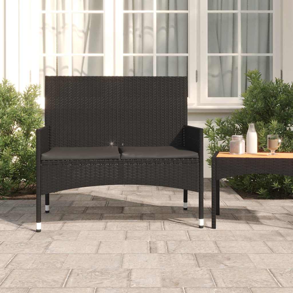 Two-seater garden bench with cushions, black, poly rattan