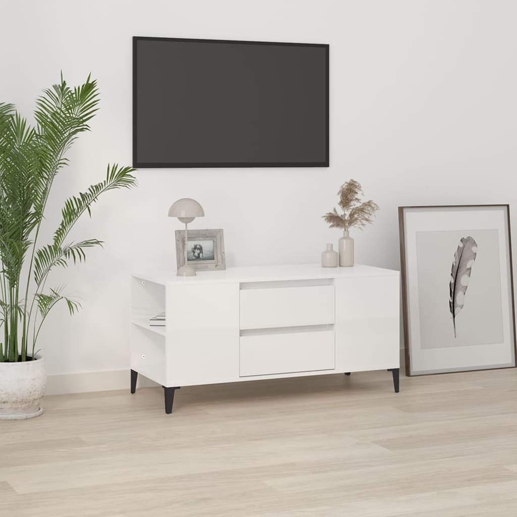 Televizoriaus spintelė, balta, 102x44,5x50cm, mediena, blizgi
