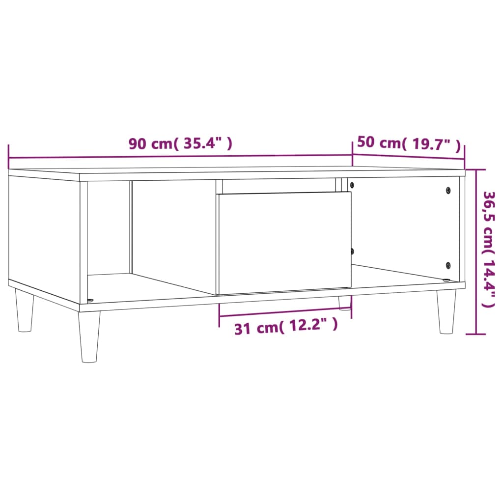 Coffee table, grey oak, 90x50x36.5cm, engineered wood