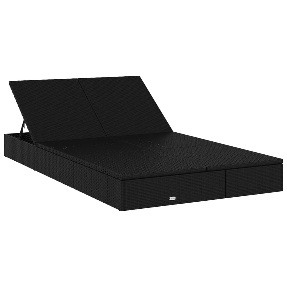 Two-seater sun lounger with cushions, black, poly rattan