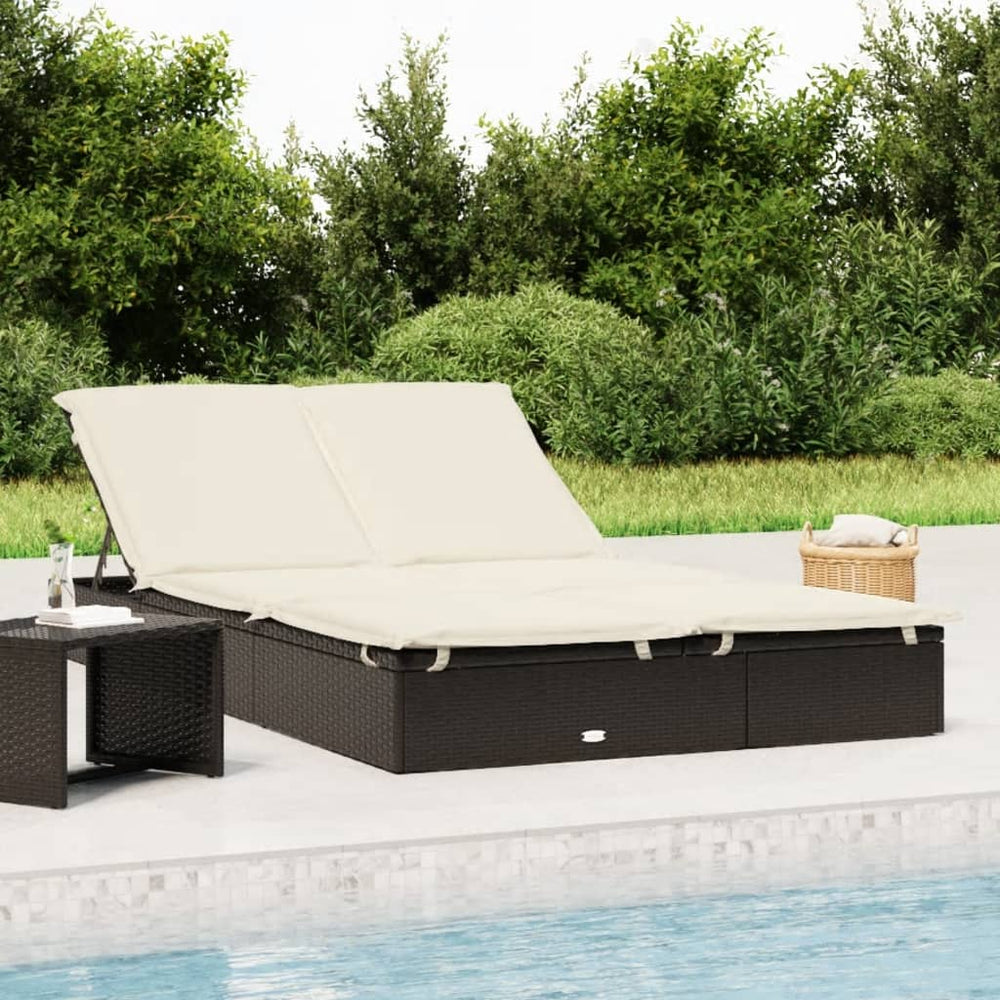 Two-seater sun lounger with cushions, black, poly rattan