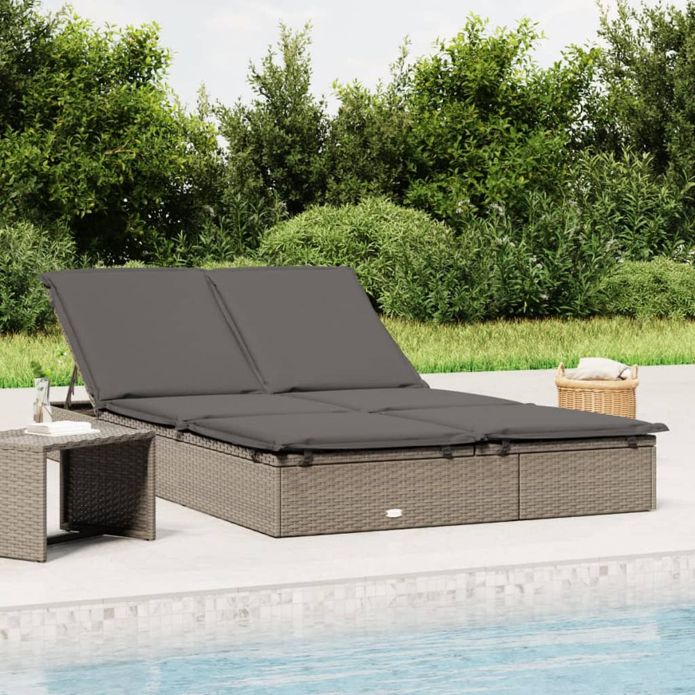 Two-seater sun lounger with cushions, grey, poly rattan