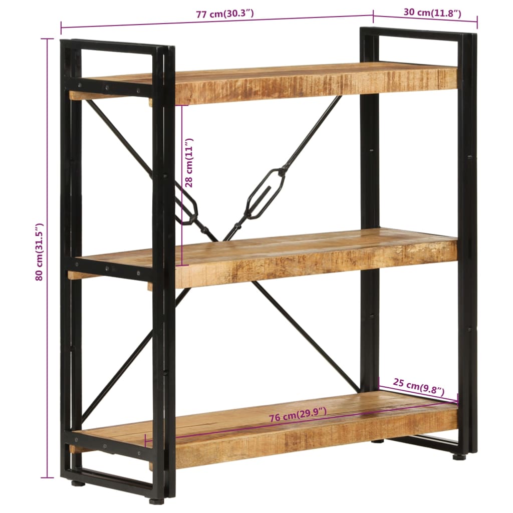 Bookcase, 3-tier, 77x30x80cm, solid mango wood and iron